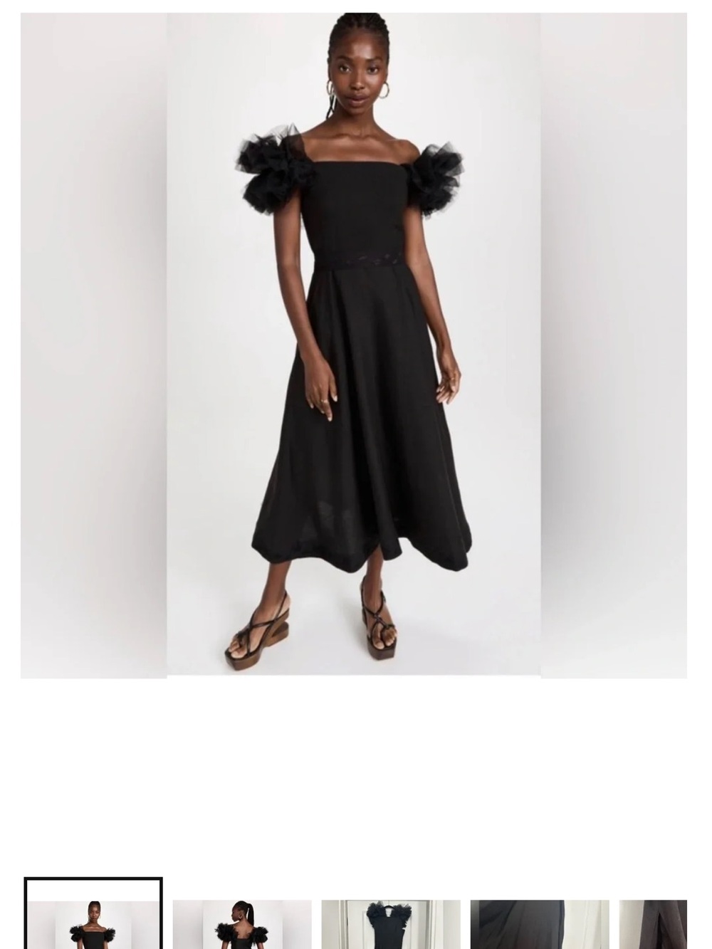 Fanm Mon Black Off-Shoulder Midi Dress with Tulle Puff Sleeves
